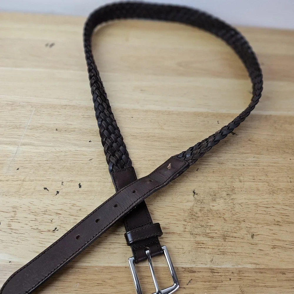 Brooks Brothers 40 Brown Woven Leather Belt Silver Buckle Men's Classic‎ Style